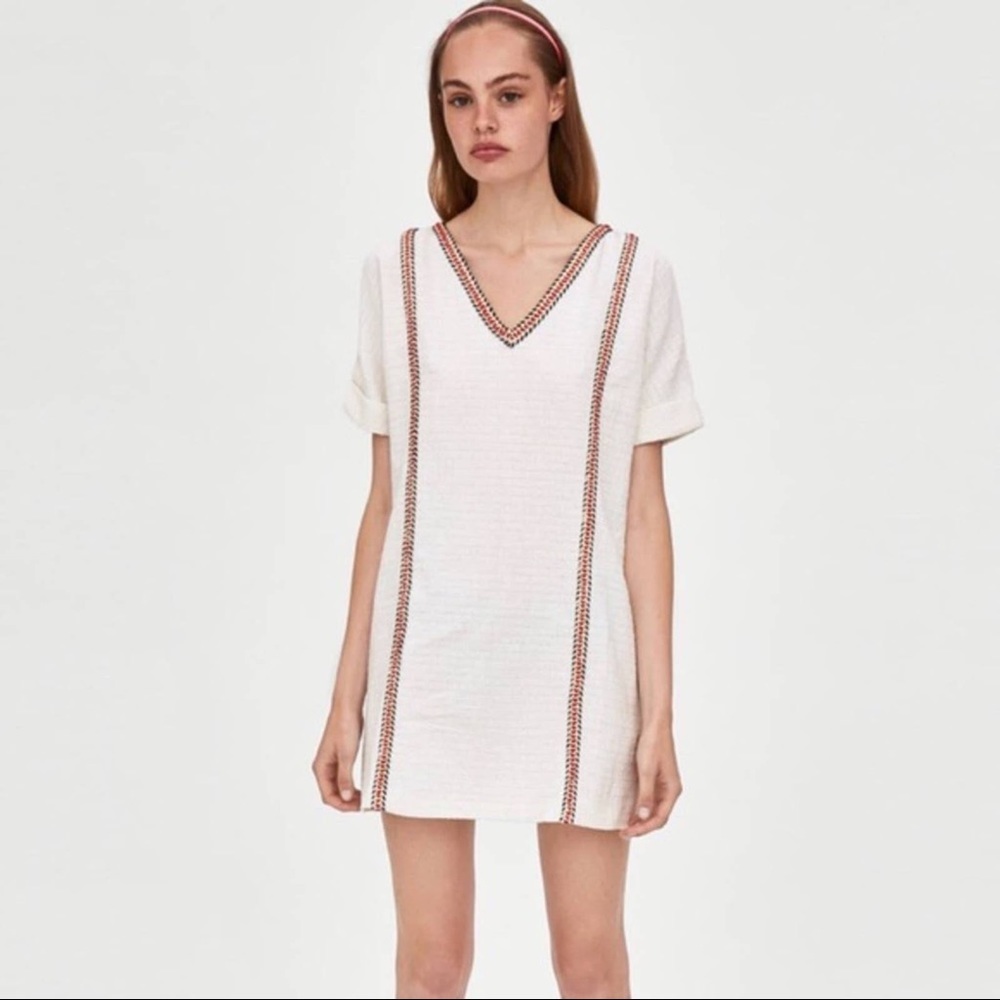 Zara TRF Collection White Shift Dress with Colored Trimming